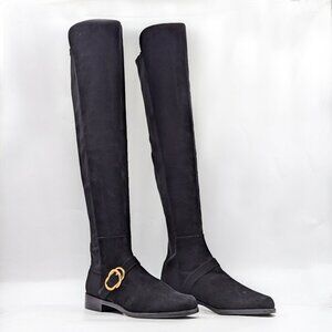 Stuart Weitzman Black Over-the-Knee Suede Boots with Gold Buckle